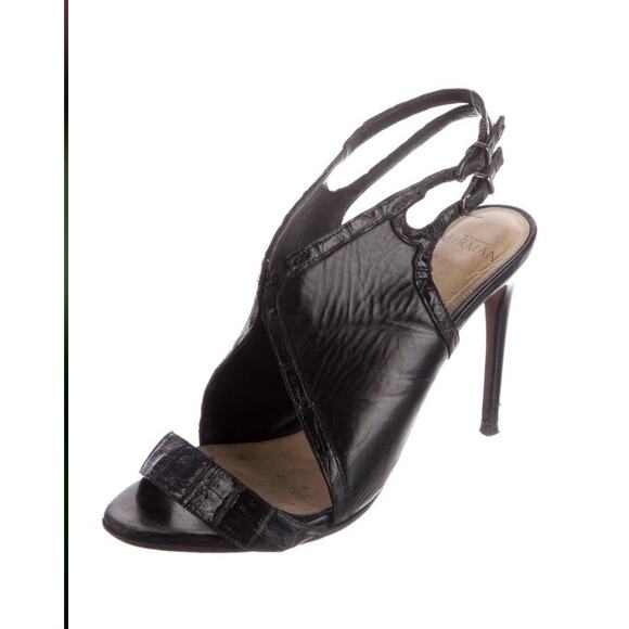 Alexandre Birman Black Leather Python Textured Peep Toe Stiletto Heels EU 38.5 - Picture 1 of 5